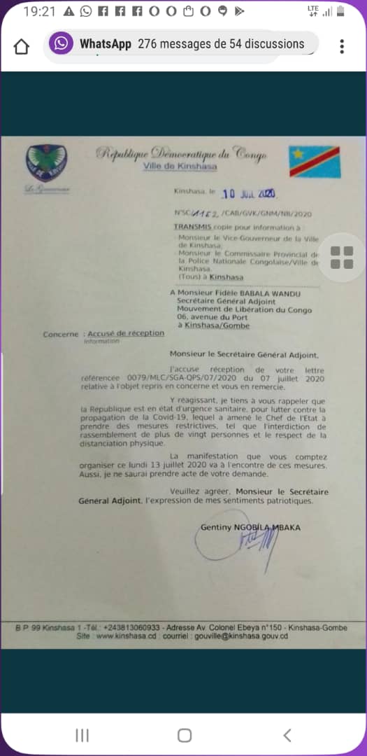 Le Gouverneur de la ville province de kinshasa Gentiny Ngobila Mbaka vient d&rsquo;interdire la marche de Lamuka de ce lundi 13 juillet contre l&rsquo;enterinement de Ronsard Malonda à la tête de la commission électorale national indépendante « Ceni »  ( Communiqué)
