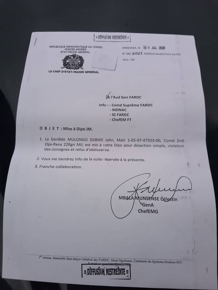 Kinshasa : John Mulongo Djibwe le commandant en second de la 22e région militaire des FARDC sous le projecteur de la Justice Militaire.