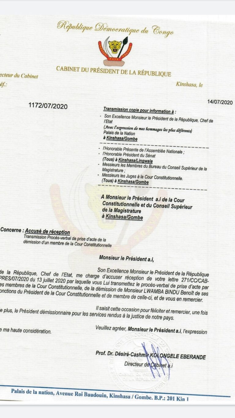 Flash Flash Flash Benoît LWAMBA n&rsquo;est plus président de la Cour Constitutionnelle. Le Président de la République Félix Antoine Tshisekedi vient de prendre acte de sa démission  ( correspondance)