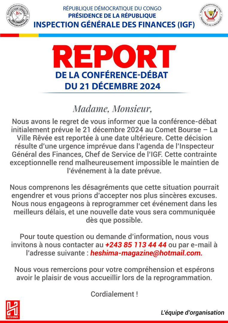 RDC| La conférence-débat prévue ce samedi à Paris avec Jules Alingete comme orateur principal a été reportée à cause d&rsquo;une urgence imprévue dans l&rsquo;agenda du chef de service de l’IGF.(Communiqué)