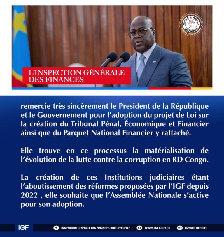 L’adoption du projet de loi sur la création du tribunal pénal , économique et financier en RDC : Jules alingete salue la décision du chef de l’état