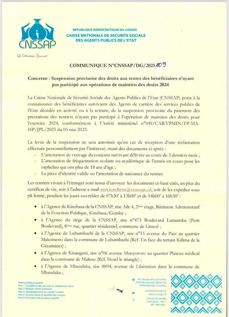 CNSSAP : SUSPENSION PROVISOIRE DES RENTES POUR LES BÉNÉFICIAIRES N&rsquo;AYANT PAS PARTICIPÉ AUX OPÉRATIONS DE CONTRÔLE DE MAINTIEN DES DROITS 2024.
