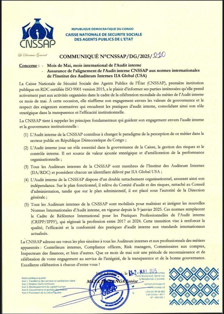 CNSSAP – AUDIT INTERNE : À L’OCCASION DU MOIS DE MAI DÉDIÉ AU MÉTIER DE L’AUDIT INTERNE, LE TOP MANAGER JUNIOR MATA RÉAFFIRME QUE LA FONCTION D’AUDIT INTERNE À LA CNSSAP OPÈRE CONFORMÉMENT AUX NORMES INTERNATIONALES