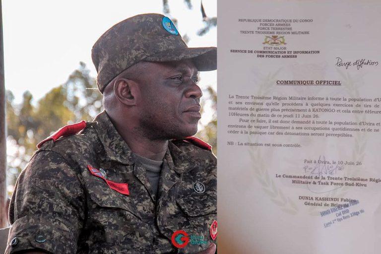 Uvira : Les FARDC annoncent des exercices de tirs militaires à Katongo ce jeudi 11 juin
