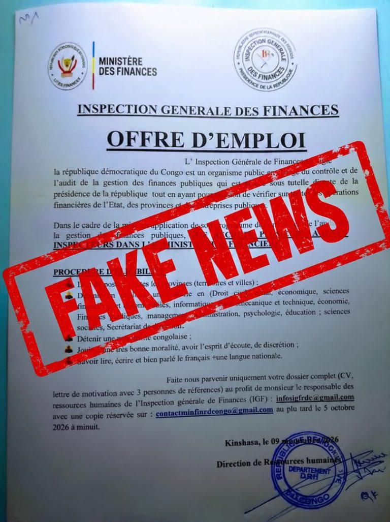 RDC : L&rsquo;Inspection Générale des Finances alerte contre une fausse offre d’emploi sur les réseaux sociaux